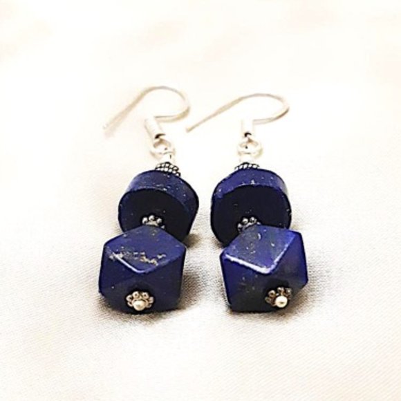 Genuine Blue Lapis Lazuli Dangled Earrings 925 Silver French Wire Pierced Ears - Picture 6 of 9